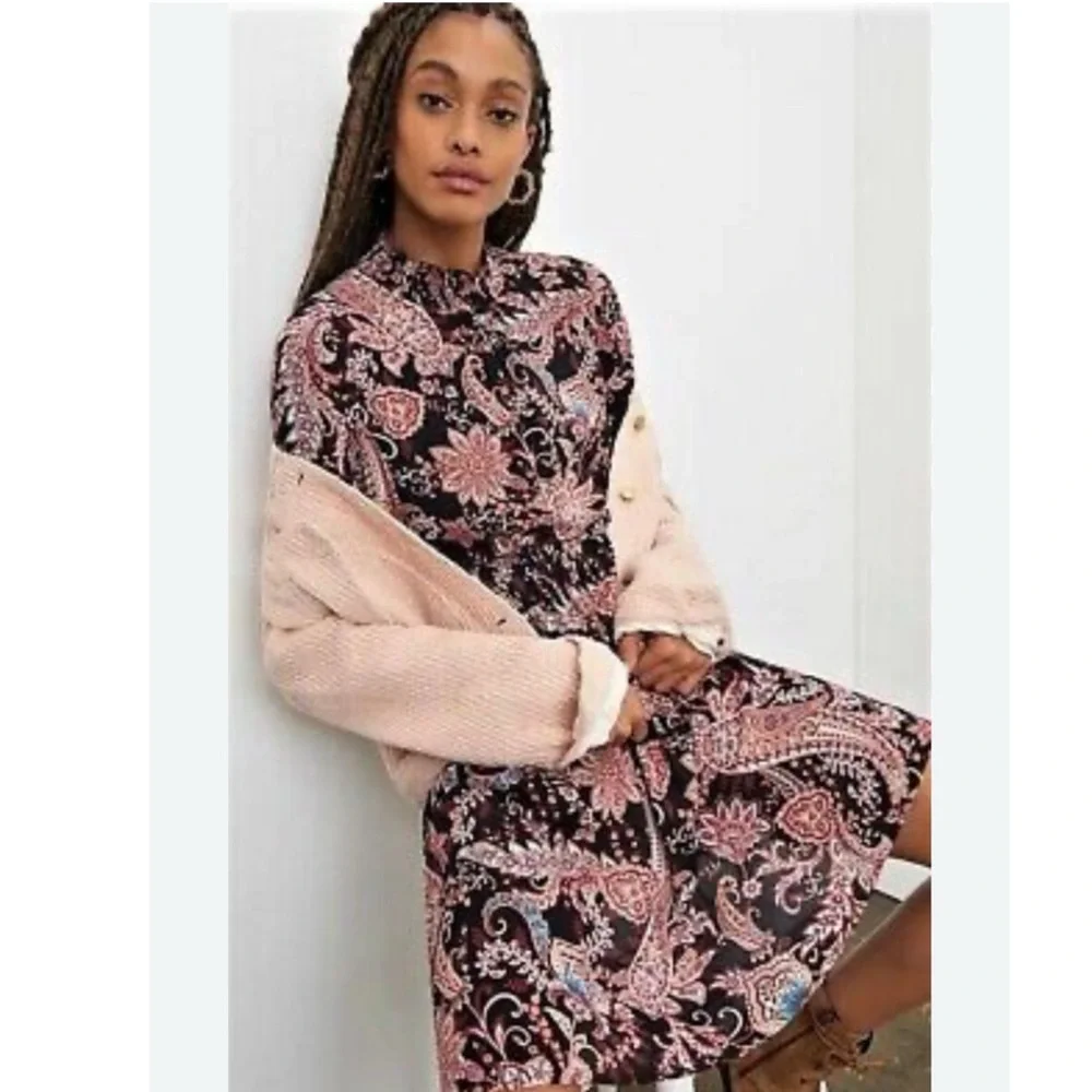 Anthropologie Smocked Neck Cady Paisley Tiered Tunic Dress XS - Picture 5 of 17